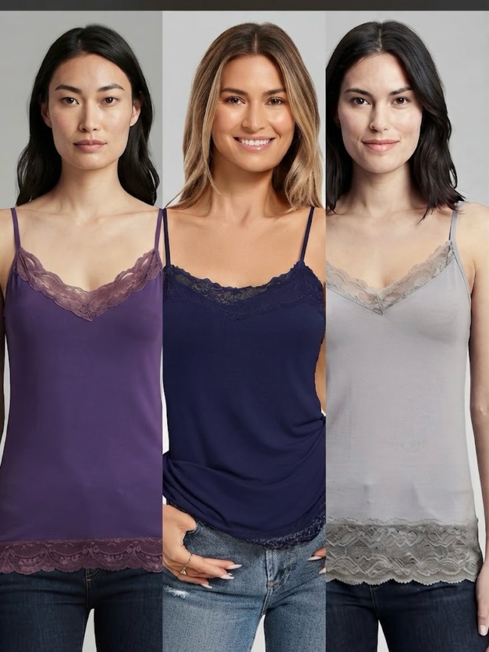 The Limited Lace-Trim Camisole Set in Purple, Navy, Light Gray